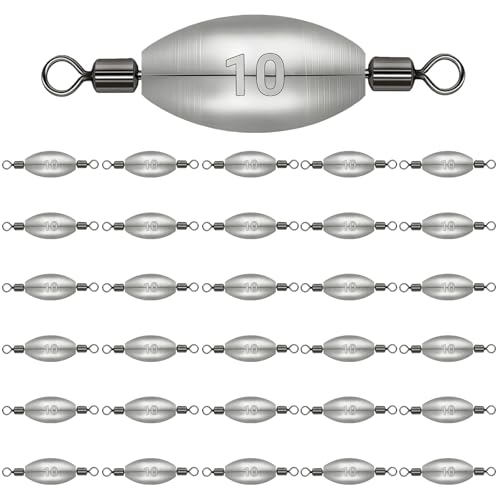 Polsefve Inline Trolling Fishing Weights with Inner Swivels, Oval Drop Casting Sinkers Lead Sinker Tackle for Catfish Bass Saltwater & Freshwater Bottom Fish(10g/15g/20g/30g/40g/60g) - color: 3/8oz-30pcs