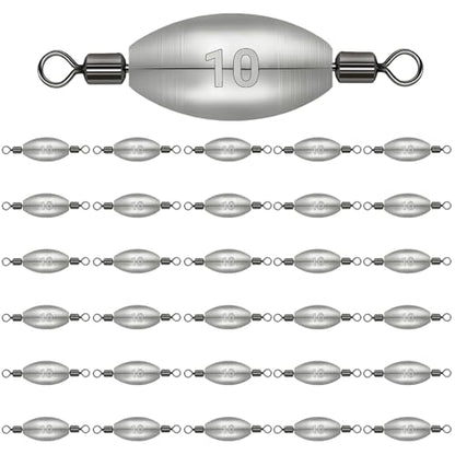 Polsefve Inline Trolling Fishing Weights with Inner Swivels, Oval Drop Casting Sinkers Lead Sinker Tackle for Catfish Bass Saltwater & Freshwater Bottom Fish(10g/15g/20g/30g/40g/60g) - color: 3/8oz-30pcs