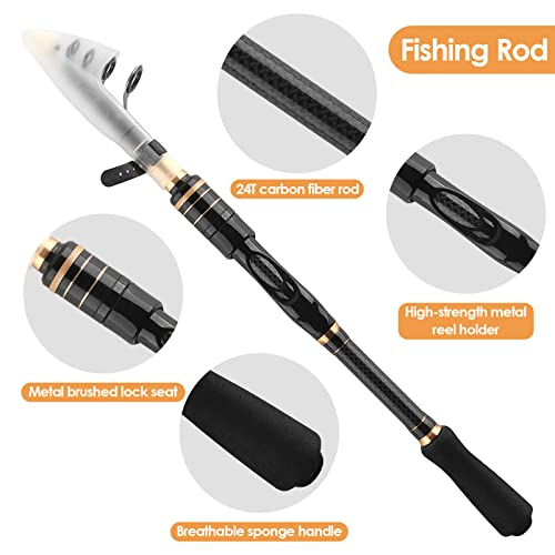 Carbon Fiber Telescopic Fishing Rod Reel Combo with Compact Carrier Bag | Portable Collapsible Spinning Pole Reel Kit Fishing Gear Set Travel Fishing Rod Kit Fishermen Gift for Freshwater Saltwater