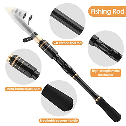 Carbon Fiber Telescopic Fishing Rod Reel Combo with Compact Carrier Bag | Portable Collapsible Spinning Pole Reel Kit Fishing Gear Set Travel Fishing Rod Kit Fishermen Gift for Freshwater Saltwater