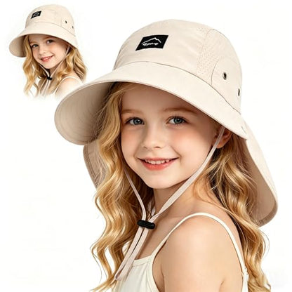Kids Sun Hat with Detachable Neck Flap for Boys & Girls Wide Brim Fishing Hat for Kids Water Resistant UV Protection - color: 1 Pack-beige