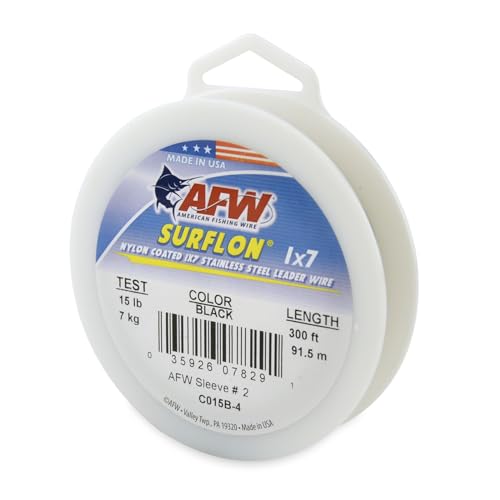 American Fishing Wire Surflon Nylon Coated 1x7 Stainless Steel Wire Leader - Wire Fishing Leader Line for Saltwater 10lb Up To 250lb Test in Bright, Black, Camo in 30ft, 100ft, 300ft, & 1000ft Lengths - color: Black, style: 300 Feet, 15 Pound Test