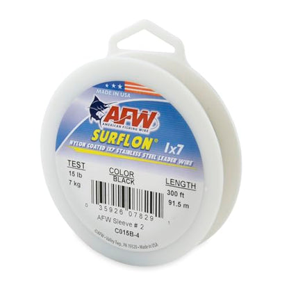 American Fishing Wire Surflon Nylon Coated 1x7 Stainless Steel Wire Leader - Wire Fishing Leader Line for Saltwater 10lb Up To 250lb Test in Bright, Black, Camo in 30ft, 100ft, 300ft, & 1000ft Lengths - color: Black, style: 300 Feet, 15 Pound Test