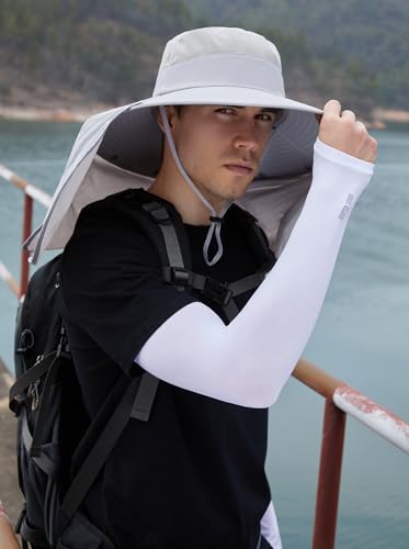 HUAMULAN Women Large Brim Sun Hat with Neck Flap, Men Quick Dry Hiking Fishing Safari Hat UPF 50+ - color: Light Gray With Mesh Panel