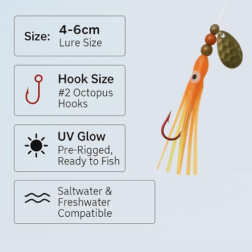 Squid Fishing Hoochies 10 Pack -Glow Fresh Water Kokanee Salmon Trolling Lures with Pre-Rigged Octopus Hooks - Spinner Blades, Synthetic Skirts Kokanee Hoochies for Salmon Fishing - style: Squid Fishing Hoochies 10-pack