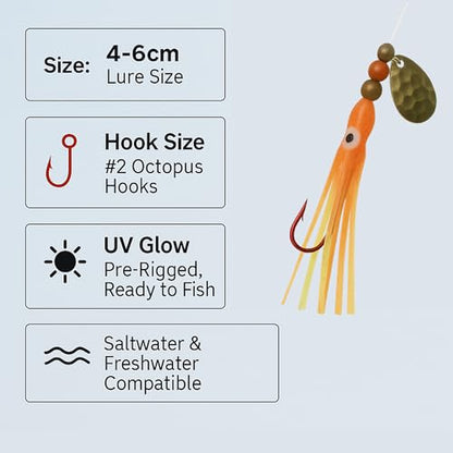 Squid Fishing Hoochies 10 Pack -Glow Fresh Water Kokanee Salmon Trolling Lures with Pre-Rigged Octopus Hooks - Spinner Blades, Synthetic Skirts Kokanee Hoochies for Salmon Fishing - style: Squid Fishing Hoochies 10-pack