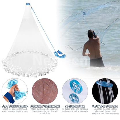 Neween Cast Net for Fishing with Shrimp Cage, American Freshwater Saltwater 3/4/5/6/7/8/9/10Ft Radius Casting Net Bait Trap Fish, Heavy Duty Zinc Sinker, 3/8 Inch Mesh Size - style: 5ft (150cm) Radius