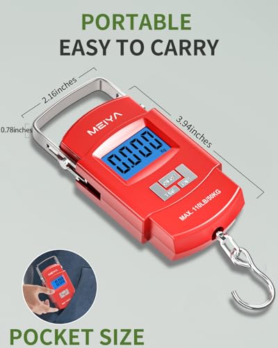 MEIYA Fish Scale 110lb Portable Luggage Scale Travel Digital Hanging Scale with Hook, Fishing Gifts for Men, Weighing Tool for Suitcases & Fish, Includes 2 AAA Batteries, Backlit LCD Display (Red) - color: Red