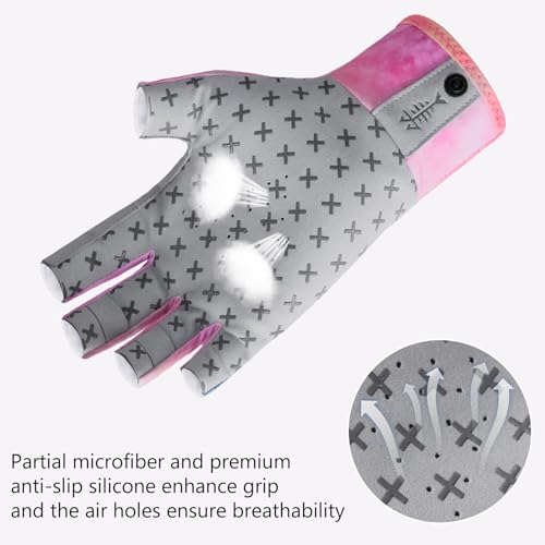 BASSDASH 3/4 Finger UPF 50+ Sun Gloves Breathable Anti-Slip Silicone Palm for Men Women Fishing Fingerless Cycling Running - color: Rosy Clouds, size: Small