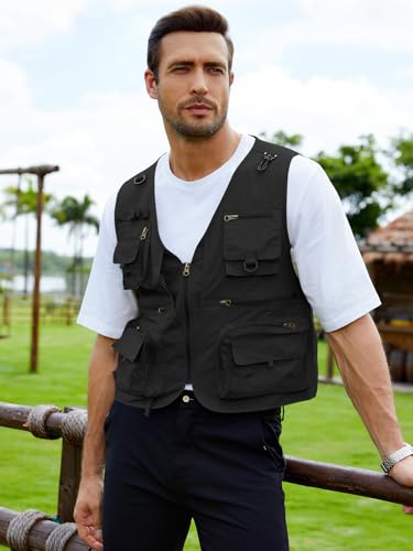 Gihuo Mens Fishing Vest Lightweight Utility Vests Cargo Outdoor Safari Travel Vest with Pockets - color: Black, size: Small