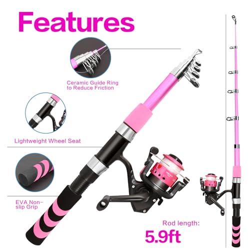 Collapsible Telescopic Fishing Rod and Reel Combo Push Button Small Fishing Pole Kit Beginner Youth Boys Fishing Starter Set Tackle - color: Pink, size: 5.9FT