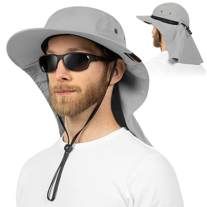 SUN CUBE UPF50+ Sun Hat for Men Women with Neck Flap, Wide Brim UV Protection Fishing Safari Hat for Hiking Beach Gardening - color: Light Gray