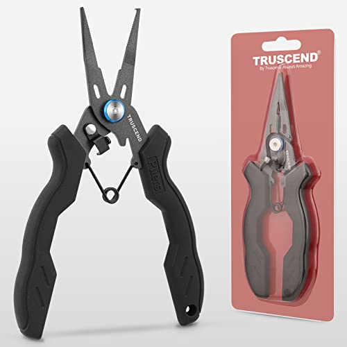 TRUSCEND Lockable Handy Fishing Pliers with Innovative Ergonomic Handle, Saltwater Corrosion Resistant Teflon Coated Fishing Tool, Multi-Function Fishing Gear with Mo-V Cutter, Amazing Fishing Gift - color: E1-black