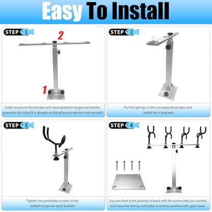 Fishing Rod Holder for Boat,Marine Fishing Pole Rack with The Function of Holding Four Fishing rods and 360 Degree Rotation & Adjustable Height,Includes mounting Plate. - color: Silver