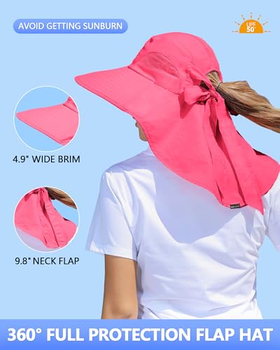 Womens Sun Hat Outdoor UV Protection Wide Brim Fishing Hat with Ponytail Hole Neck Flap for Beach Hiking Camping - color: Watermelon Red
