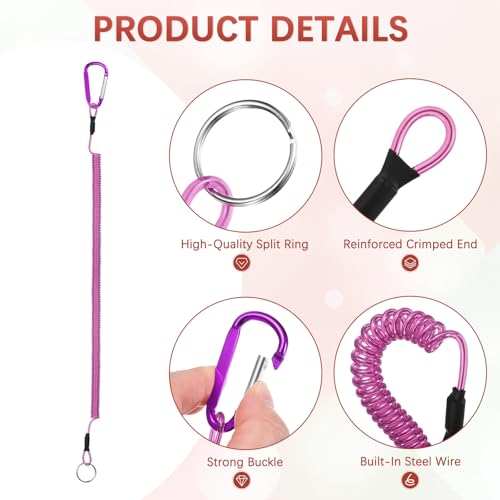 16.54IN Retractable Safety Coiled Lanyard [3PCS] - Steel Wire Fishing Rod Safety Lanyard Use for Pliers Boating - color: Purple