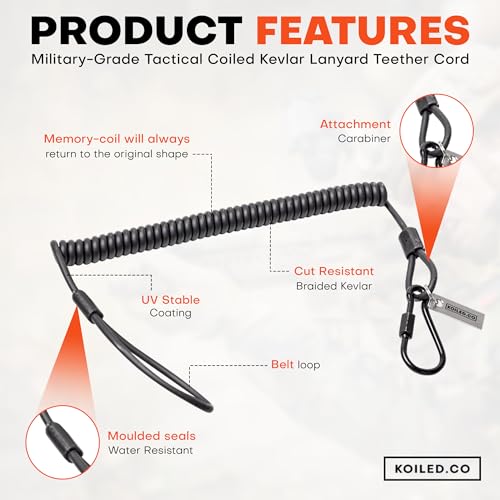 Retractable Kevlar Lanyard Keychain with Carabiner Clip — Military Grade, 265lb Breaking Strength — Heavy Duty Belt Tether for Keys, ID Badge, Tactical Gear, Security & EDC (Black)