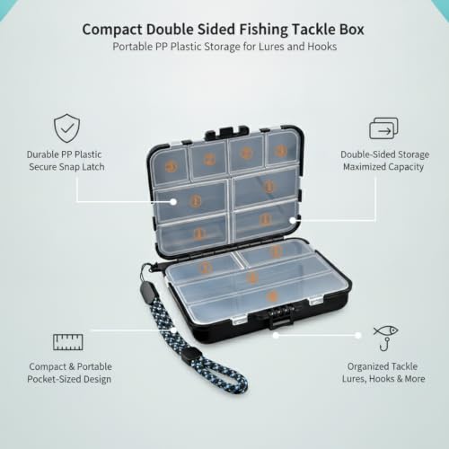 Fits Standard Vest Pockets and Kayak Hatches: Compact Double-Sided Fishing Tackle Box for Lures and Hooks, Black PP Plastic Storage Container - size: 4.41 x 3.62 x 1.26 in