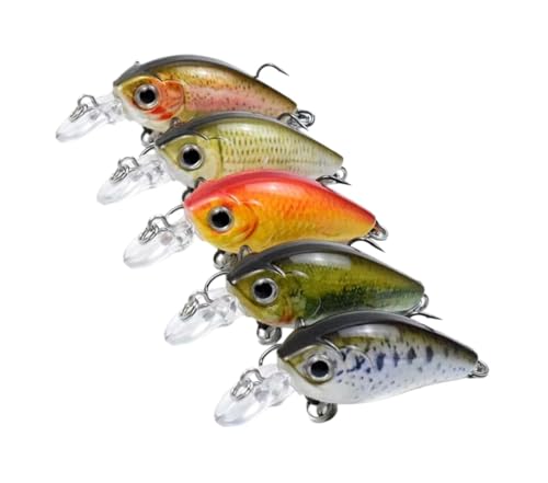 5-Pack Mini Panfish Crankbait - 1.8" 0.12oz Floating Micro Hard Lures, Built-in Rattle, 3D Eyes, Sharp Treble Hooks, Ultralight Finesse Baits for Trout, Crappie, Bluegill, Bass