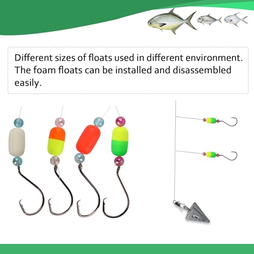 Dovesun 220/104/80/60/54/52/42pcs Pompano Rig Floats for Surf Fishing Foam Bobbers for Fishing Fly Fishing Bobbers Floats Bright Color Kit/Round/Cylindrical/Heart/Bullet/Pill/Spin Shape - color: Cylindrical-80pcs