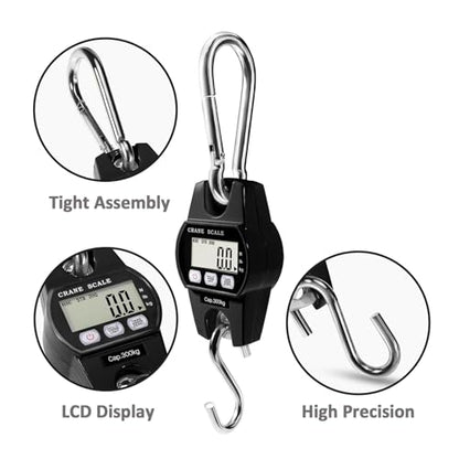 Digital Hanging Scale 660 Lb 300 Kg, Handheld Mini Crane with Hooks for Farm Hunting Fishing Outdoor(Black) - color: Black