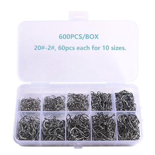 Dyxssm Small Fishing Hooks for Freshwater, 1000pcs 600pcs 400pcs Trout Fish Hook Set, 10 Sizes #2-#20 - color: Black, style: 600pcs (#2-#20)