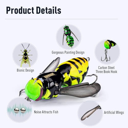 Kingdom Wasp Crawl Bait Insect Bionic Floating Fishing Lures Swimbaits Hard Artificial Baits Lure Freshwater and Saltwater Bass Carp Pike Walleye Fishing ABS Material Carbon Steel Three Book Hook - color: Set1, size: 4.2g