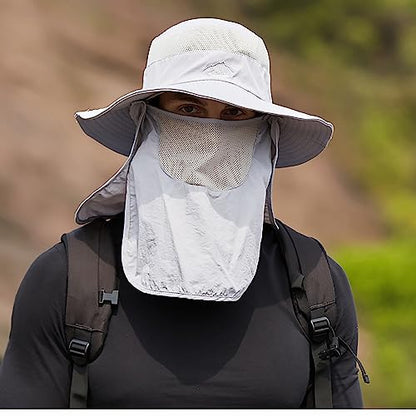 Sun Hat for Men Women, Summer UV Sun Protection Wide Brim Fishing Hat for Men with Face Cover & Neck for Hiking - color: Light Grey(with Face Cover & Neck Flap)