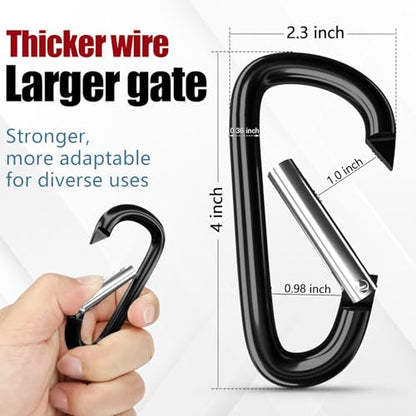 sprookber 4" & 5" Extra Large Aluminum Carabiner D Ring, Caribeener Clips, Spring Snap Hook for Keychain Clip, Set of 4 - color: black-4", size: 4 inch