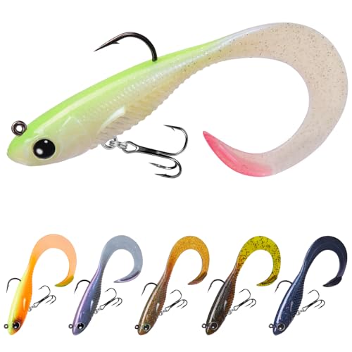 TRUSCEND Duramax Easy Catch Soft Fishing Lures with BKK Hook, Trembly Sinking & Vibrating Swim for More Bites, Pre-Rigged Curly & T-Tail Swimbait for Bass, Trout, Crappie, Freshwater Saltwater Fishing - color: A3-4"-1/2oz