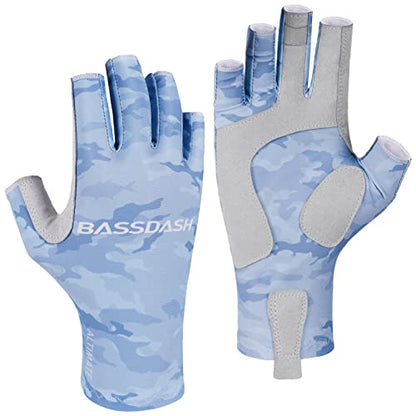 Bassdash ALTIMATE UPF 50+ Sun Protection Fingerless Fishing Gloves Men - color: ALTIMATE I - Light Blue Camo, size: Large