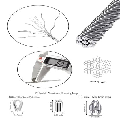 1/8 Inch Stainless Steel Cable 100FT,- 7x7 Strand Aircraft Wire Rope,with Loop Sleeve and Steel Thimble,Wire Clamp Clip,Outdoor Hanging kit, Garden Fence, Marine, DIY Projects - size: 1/8 inch 100FT