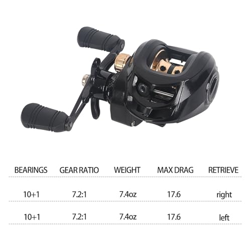 Baitcasting Reel,Carbon Fiber Drag Fishing Baitcaster Reels, Bait Cast Reel With 7.2:1 Gear Ratio 10+1 Ball Bearings 17.6lbs Max Drag Right Hand，Fish Gift For Man - color: HEIJIN