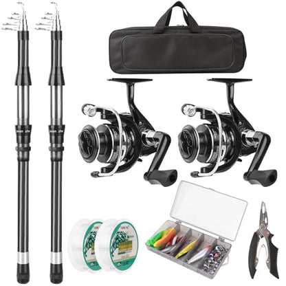 Fishing Rod Reel Combo - 2PCS 6.89ft Telescopic Fishing Poles 2PCS Spinning Reels Lures Set Fishing Pliers with Carrier Bag for Travel Saltwater Freshwater Gift Portable Fishing Pole Kit - color: Black 1