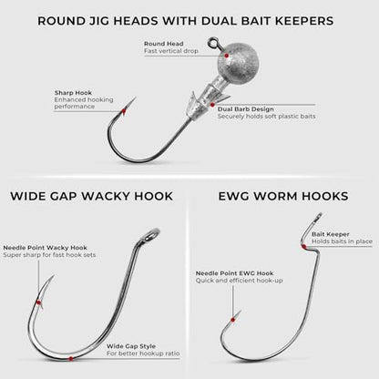MadBite by KastKing 182/265/400pcs Compact Fishing Tackle Kit - All-in-One Freshwater Hooks, Weights, Bobbers in Tackle Box, Fishing Gear Set for Bass Trout Panfish - style: 143pcs Freshwater Lure Kit