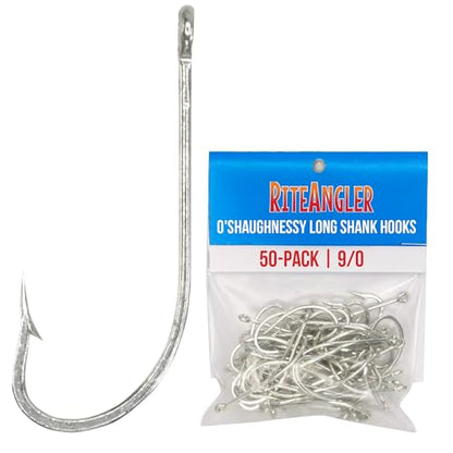 Rite Angler O'Shaughnessy Long Shank Hooks 50-Pack for Inshore and Offshore Fishing, Trolling in Saltwater and Freshwater, Assorted Sizes #2, 1, 1/0, 2/0, 3/0, 4/0, 5/0, 6/0, 7/0, 8/0, 9/0, 10/0 - size: 9/0