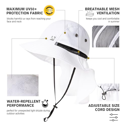 Oversized XL XXL Mens Sun Hat Big Head Neck Flap Shade Waterproof UPF50+ Wide Brim Hat Fishing Safari Hiking - color: White, size: Large-X-Large