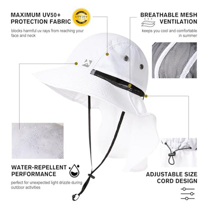 Oversized XL XXL Mens Sun Hat Big Head Neck Flap Shade Waterproof UPF50+ Wide Brim Hat Fishing Safari Hiking - color: White, size: Medium-Large