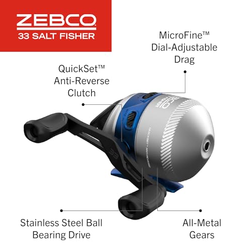 Zebco Salt Fisher 33 Spincast Reel and Fishing Rod Combo, 6-Foot 6-Inch 2-Piece Medium-Heavy Power, Moderate-Fast Action Fiberglass Rod, Interchangeable Retrieve, 12-Pound Line, Blue/Silver