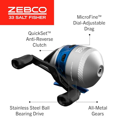 Zebco Salt Fisher 33 Spincast Reel and Fishing Rod Combo, 6-Foot 6-Inch 2-Piece Medium-Heavy Power, Moderate-Fast Action Fiberglass Rod, Interchangeable Retrieve, 12-Pound Line, Blue/Silver