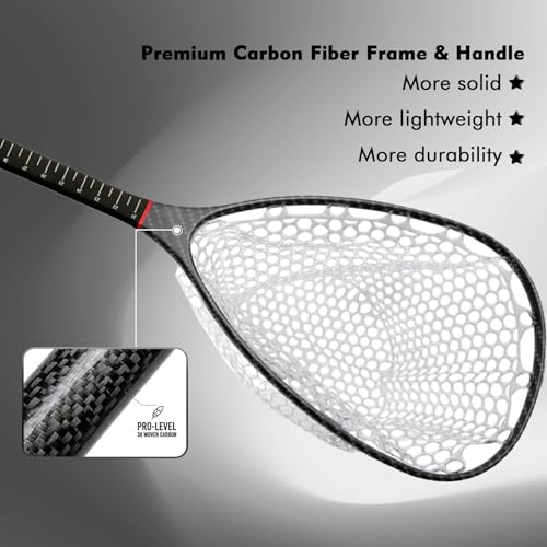 Riverruns Fly Fishing Landing Net Carbon Fiber Trout Net with Measurement Handle, Soft Rubber Mesh - 26" Standard (Wading) / 37" Long (Kayak) - color: 37" Kayak Net (Long) - Black 3K Woven