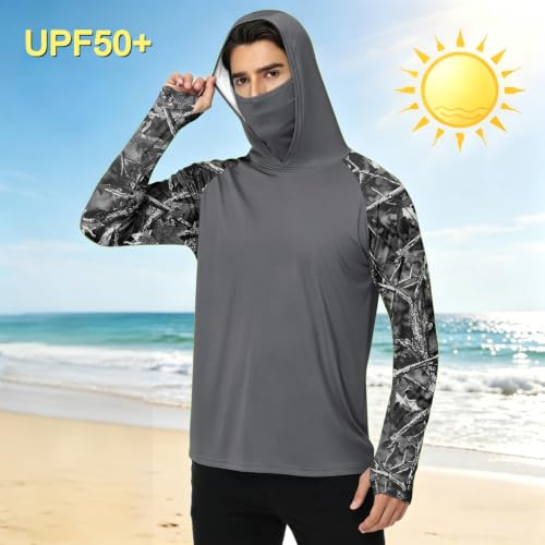 Men's UPF 50+ UV Protection Fishing Shirt with Face Mask Long Sleeve Quick Dry Breathable Sun Hoodie for Beach - color: A Gray, size: XX-Large
