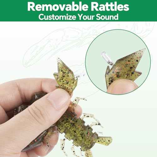 4.1" Crawfish Lure for Bass Fishing, Soft Plastic Craw Bait Kit with Removable Rattles & Jig Head, Reusable Bait Box for Freshwater Bass - color: green