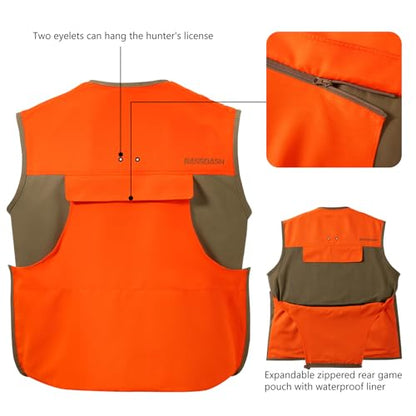 BASSDASH Upland Game Field Water-Resistant Bird Hunting Vest with Multi Pockets Men Women FV11 - color: Dark Khaki/Blaze Orange, size: Large
