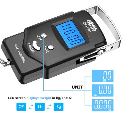 Dr.meter Fish Scale Luggage Scale Fishing Gear - 110lb Backlit LCD Display Digital Scale with Built-in Measuring Tape - Fishing Scale with 2 AAA Batteries, Pocket Size - Fishing Gifts for Men - color: Black