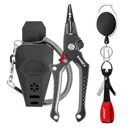 SAMSFX Aluminum Fishing Pliers Hook Remover Braid Line Cutter with Coiled Lanyard, Fly Fishing Knot Tying Tool & Retractors - color: Gray Handle, Split Ring Nose