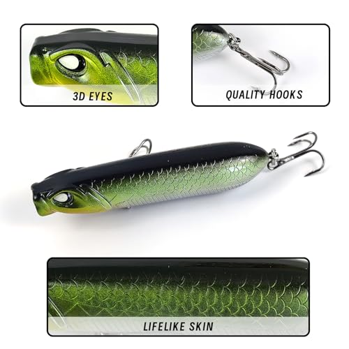 5Pcs Pencil Popper Topwater Fishing Lures Floating Hard Bait with Box for Bass Walleye Pike Catfish Musky Perch 3.15in/0.35oz