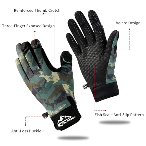 Ice Fishing Gloves for Men & Women - Cold Weather Fishing Gloves with Touchscreen Tips, Non-Slip Silicone Grip - Warm Winter Gloves for Kayaking, Hunting & Outdoor Sports, Green Camo - size: Medium
