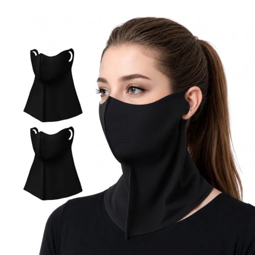 Ice Silk Sun Protection Face Mask for Women, Breathable Cooling Face Cover with Neck Coverage, Driving，Golf，Hiking - color: Black*2