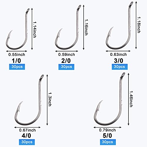 Octopus Baitholder Fishing Hooks Kit,130pcs Offset Octopus Circle Hooks Set Catfish J Hooks High Carbon Steel Barbed Jig Fishhooks for Freshwater Saltwater Size 1/0-5/0